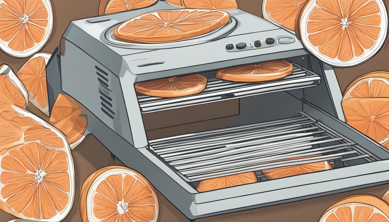 Fresh grapefruit slices laid out on a dehydrator tray, with the machine set to low heat. A bowl of citric acid powder sits nearby for preservation