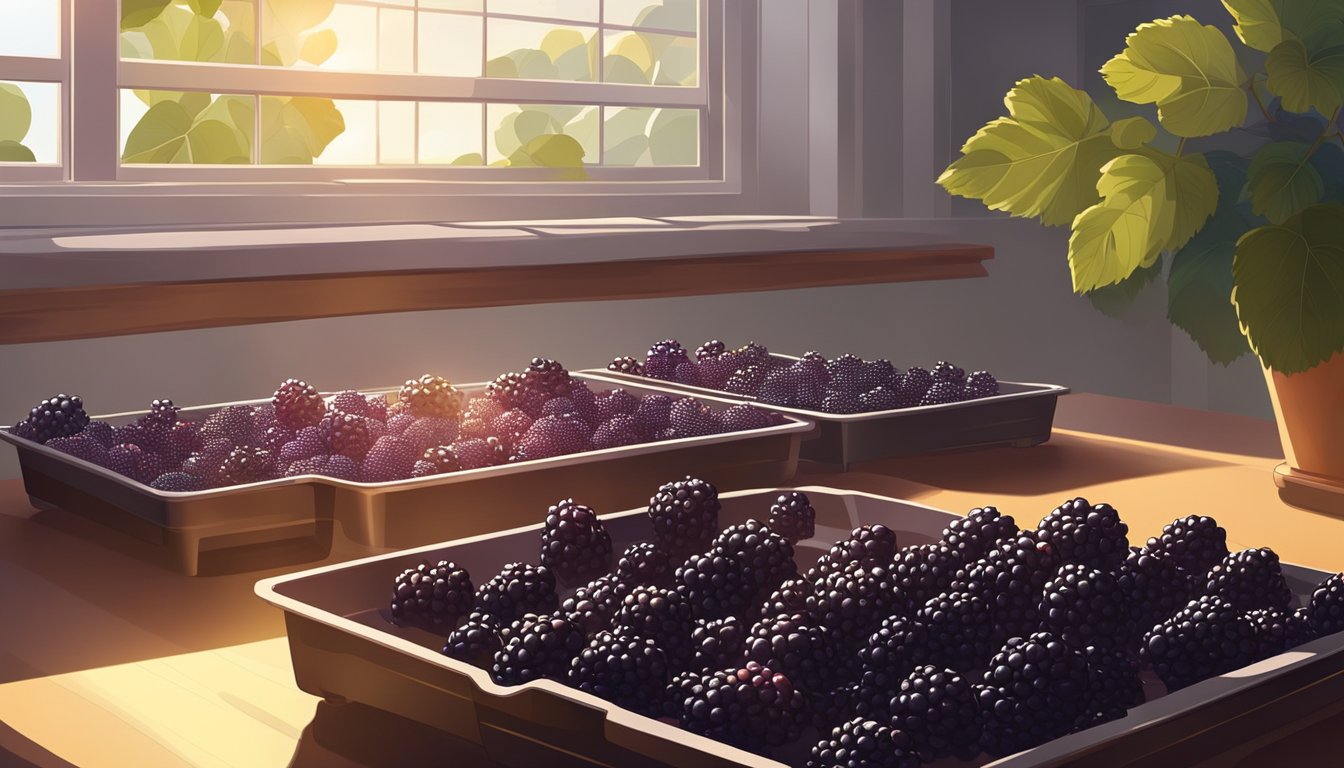 Fresh blackberries arranged on dehydrator trays, with the machine set to low heat. Sunlight streams through a nearby window, casting a warm glow on the fruit