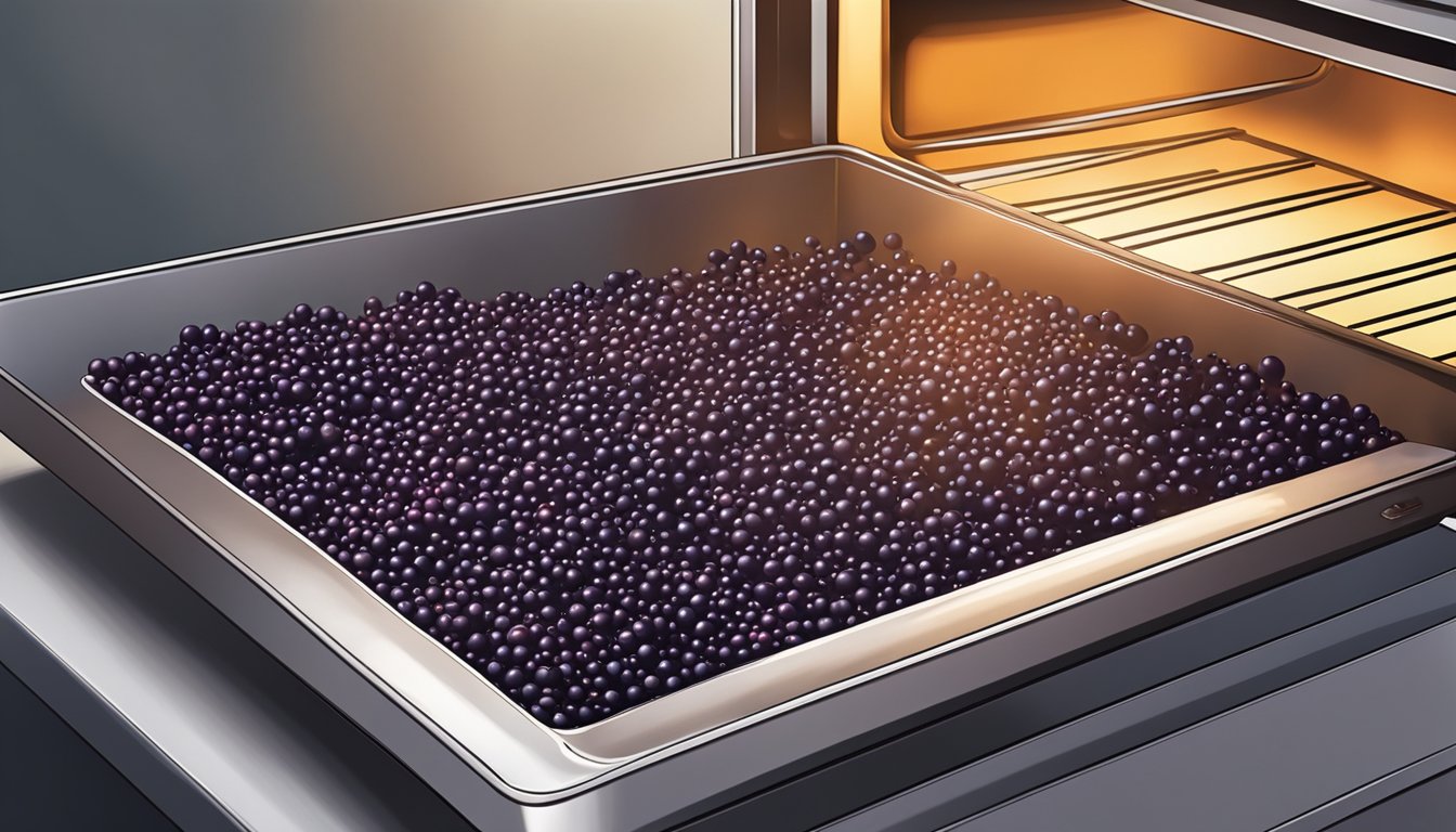 Elderberries laid out on a baking sheet in a single layer, inside a preheated oven, with the door slightly ajar