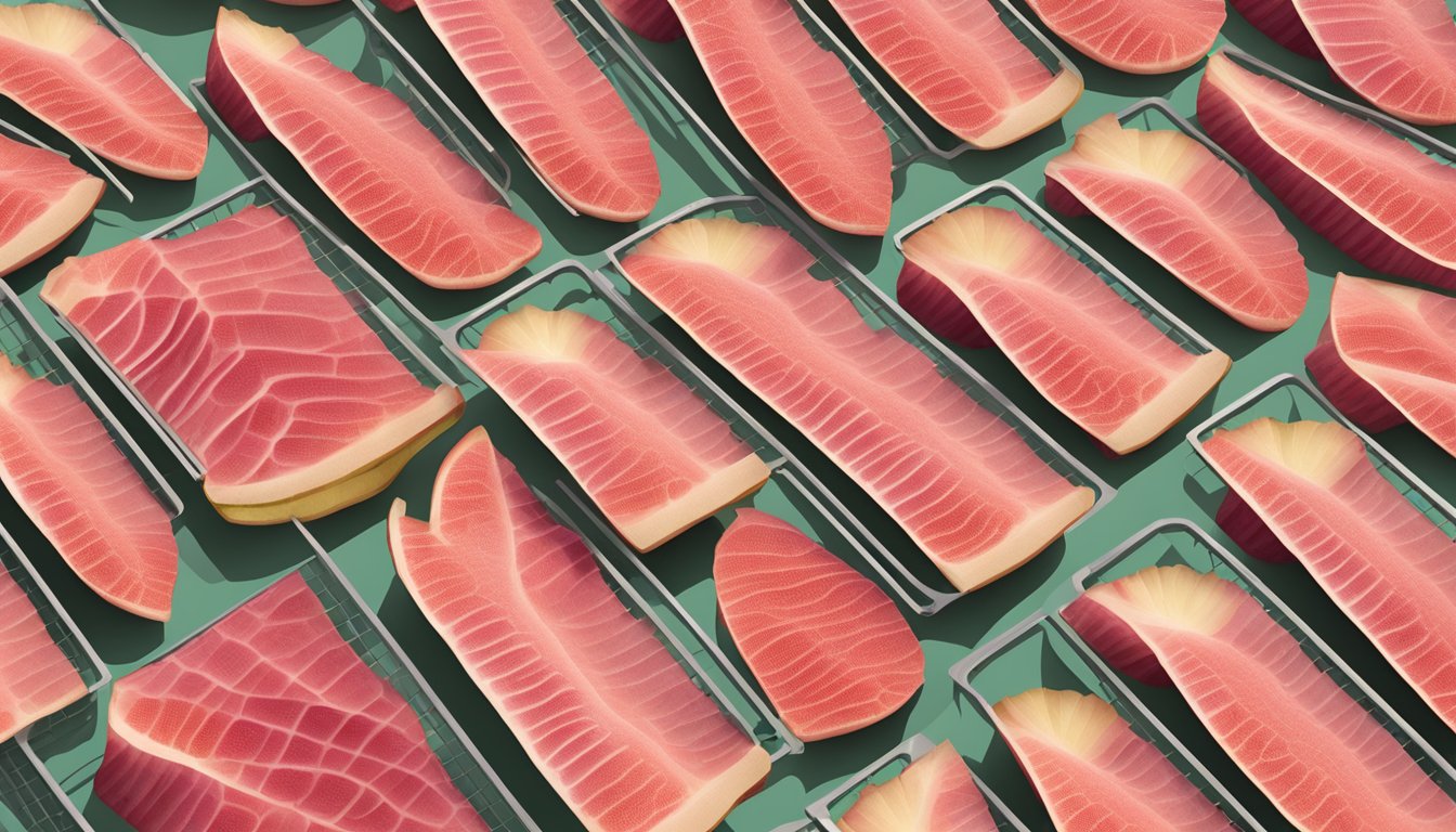 Fresh rhubarb slices laid out on a mesh dehydrator tray under the sun