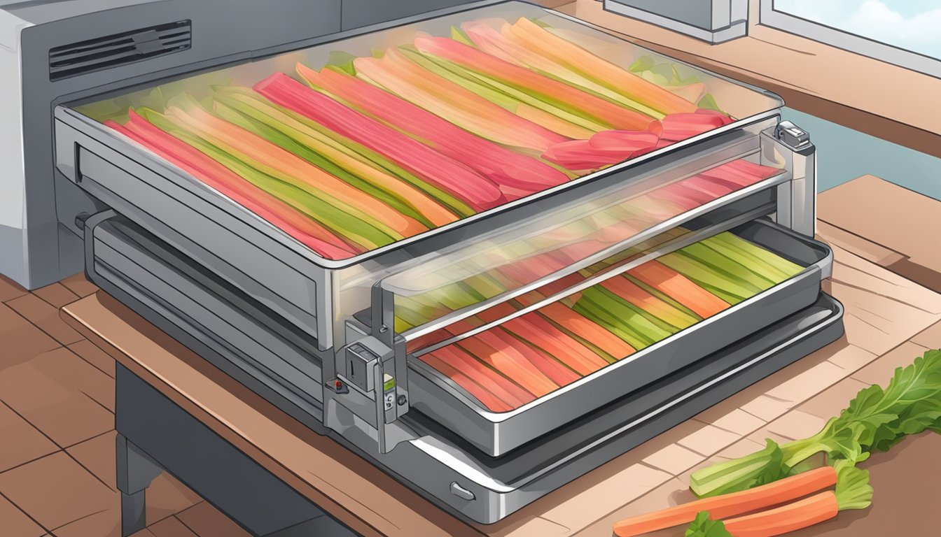 Fresh rhubarb sliced on dehydrator trays, with the dehydrator running