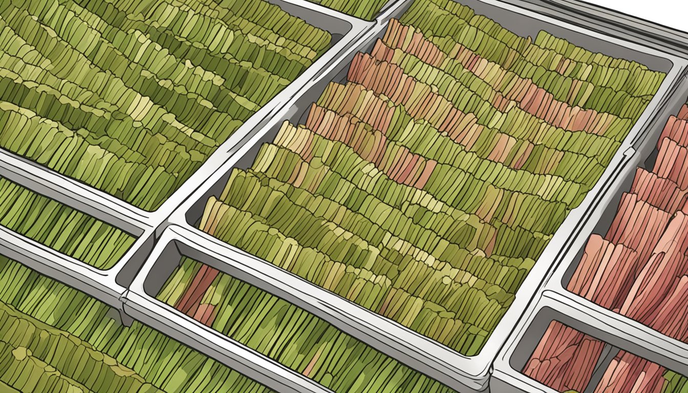 Fresh rhubarb stalks arranged on a dehydrator tray, with slices spread out evenly and ready for the dehydration process