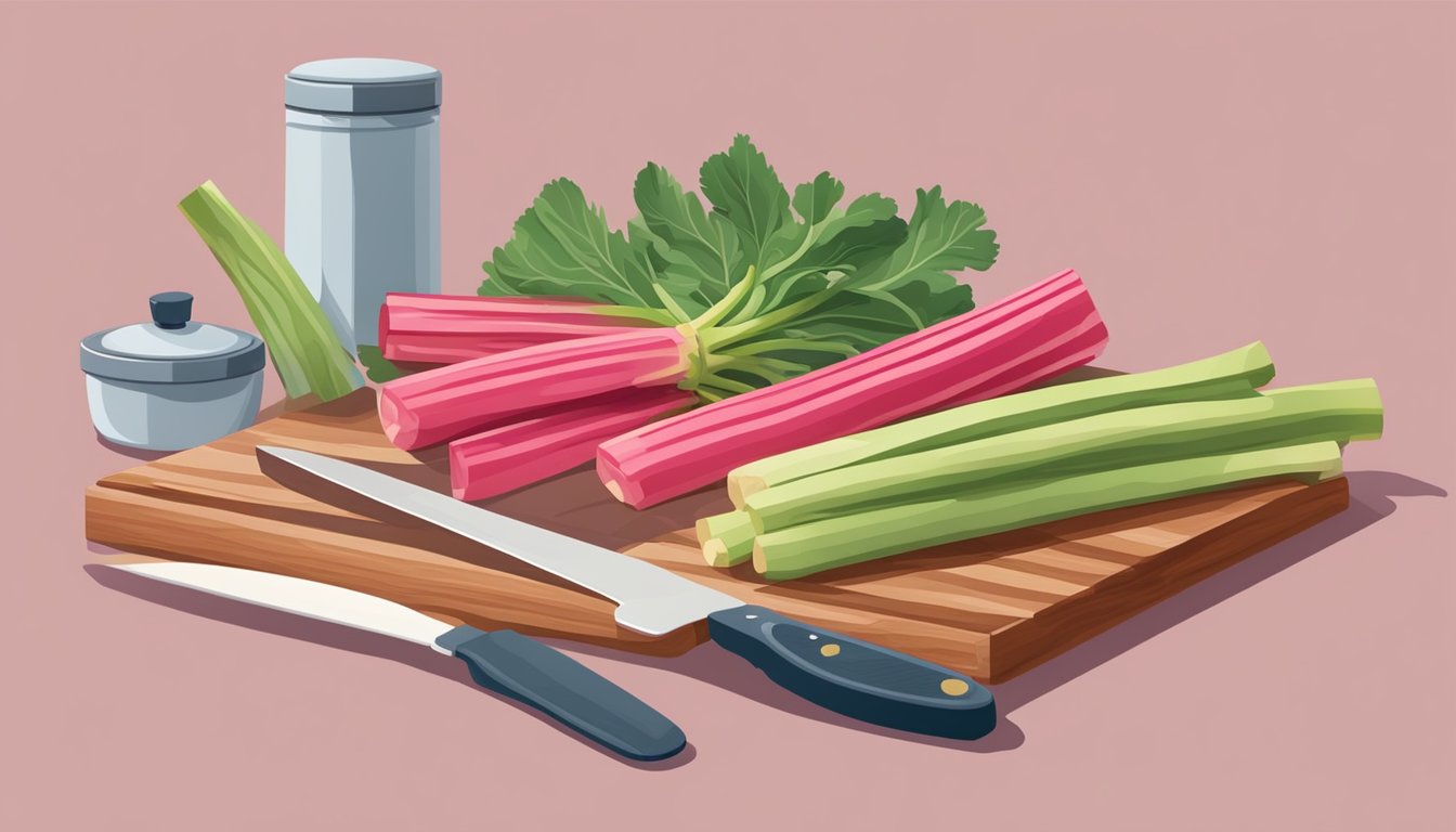 A kitchen counter with fresh rhubarb stalks, a cutting board, a knife, and a dehydrator