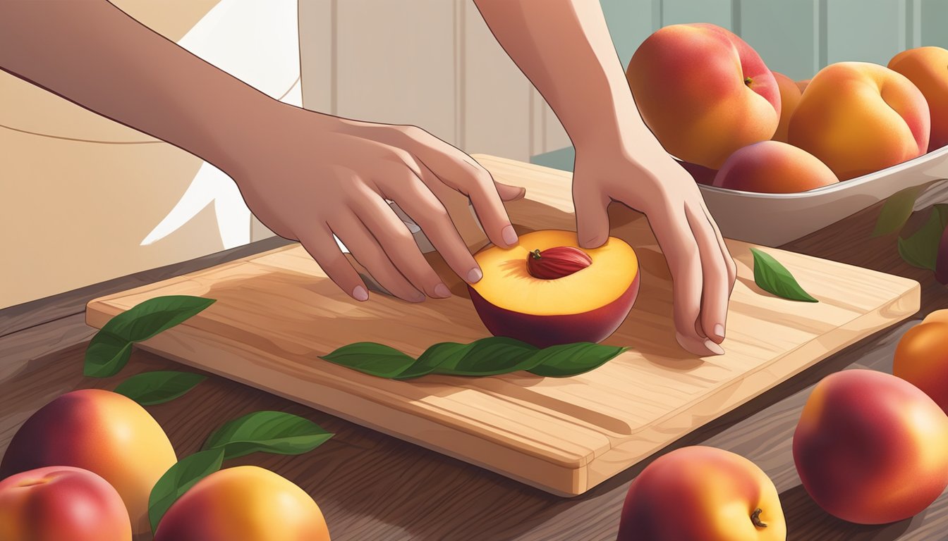 A hand reaching for ripe nectarines on a wooden cutting board, surrounded by a knife, bowl, and dehydrator