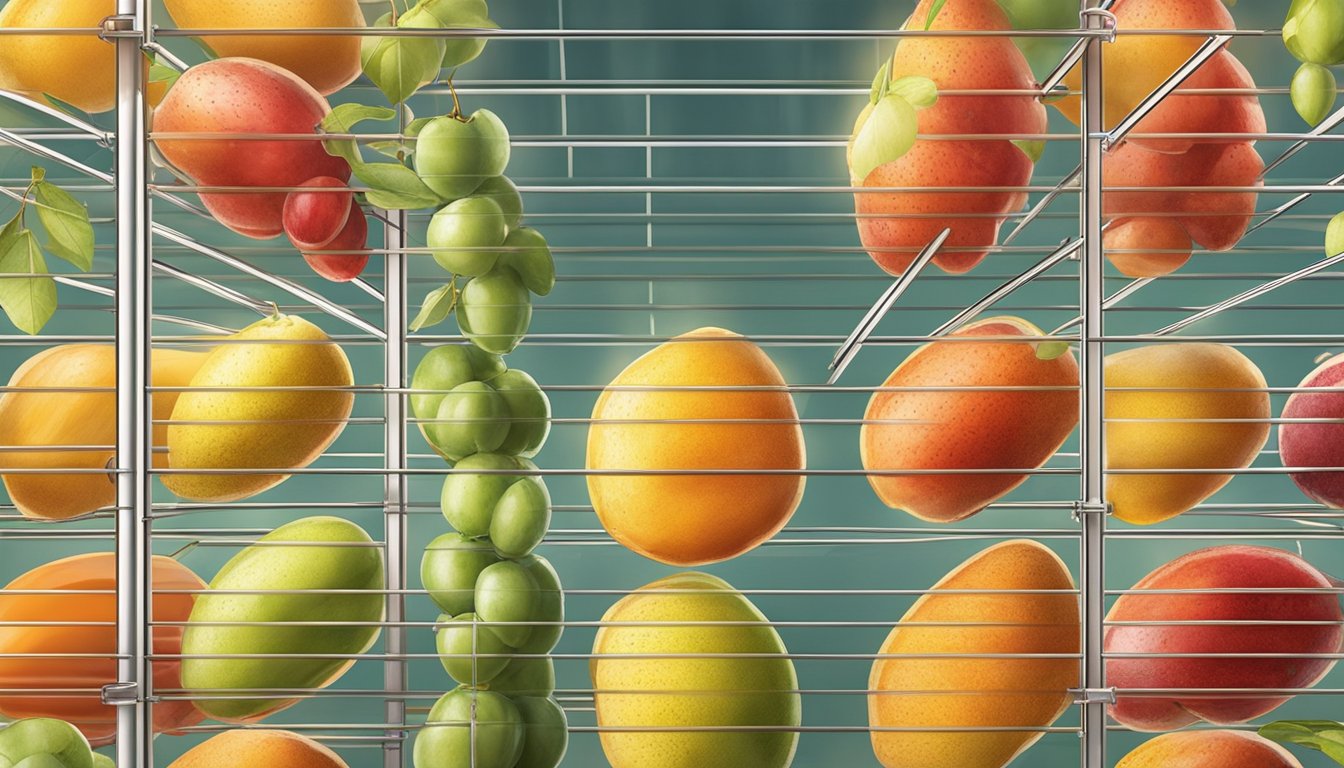 Fresh fruit slices arranged on wire racks, oven door ajar, warm light filtering through, steam rising, creating dehydrated fruit