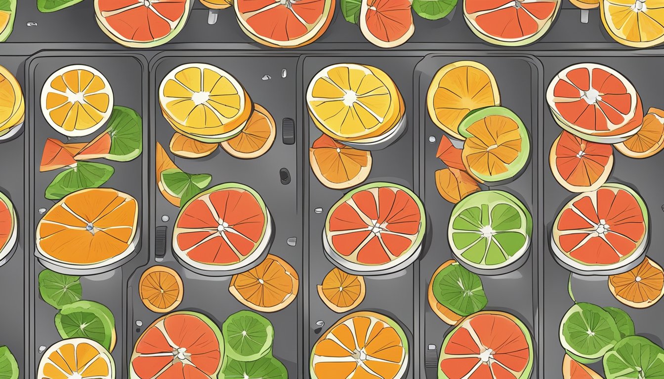 Fresh fruit slices arranged on dehydrator trays, with the machine's temperature and timer settings visible