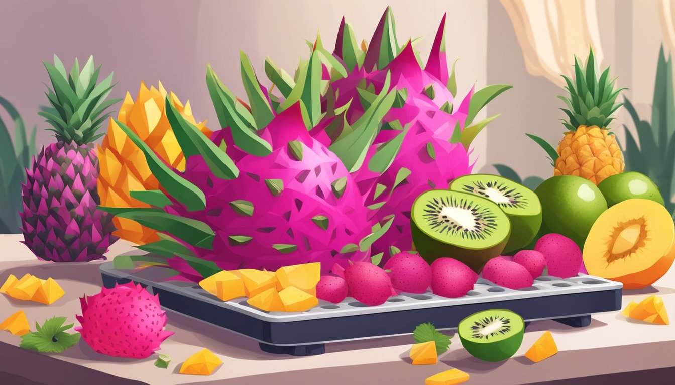 Dragon fruit being sliced and placed on dehydrator trays, surrounded by various other fruits like mango, pineapple, and kiwi for dehydrating