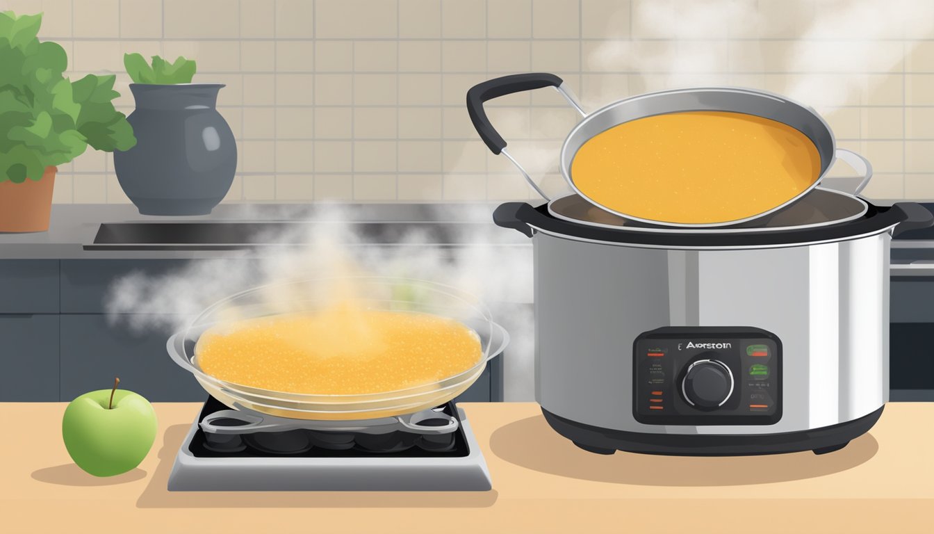 A pot of applesauce simmering on a stovetop, with steam rising and a dehydrator in the background