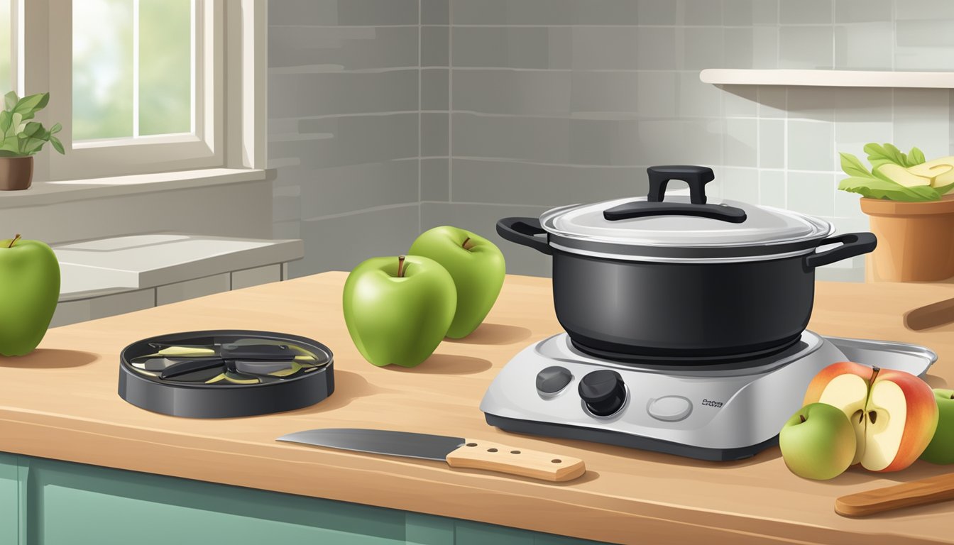 A pot of applesauce sits on a stovetop, with a dehydrator nearby and a chef's knife and cutting board on the counter