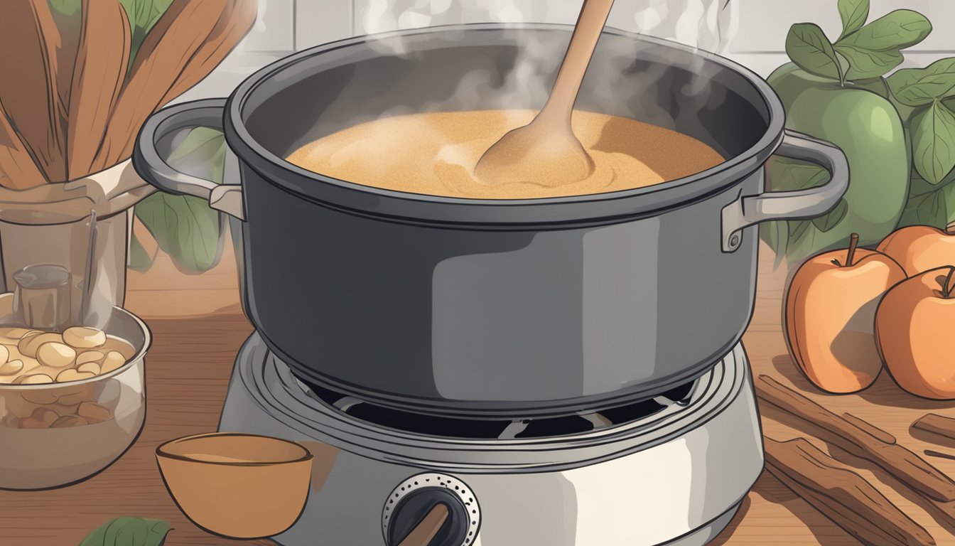 A pot of applesauce sits on a stove, steam rising as it simmers. A person sprinkles cinnamon and nutmeg into the pot, stirring with a wooden spoon