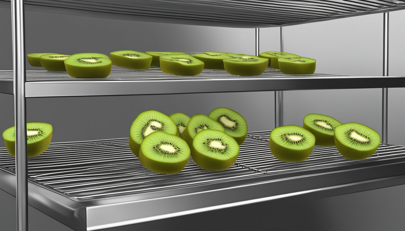 Slices of kiwi arranged on wire racks in an oven, with warm air circulating to slowly dehydrate the fruit