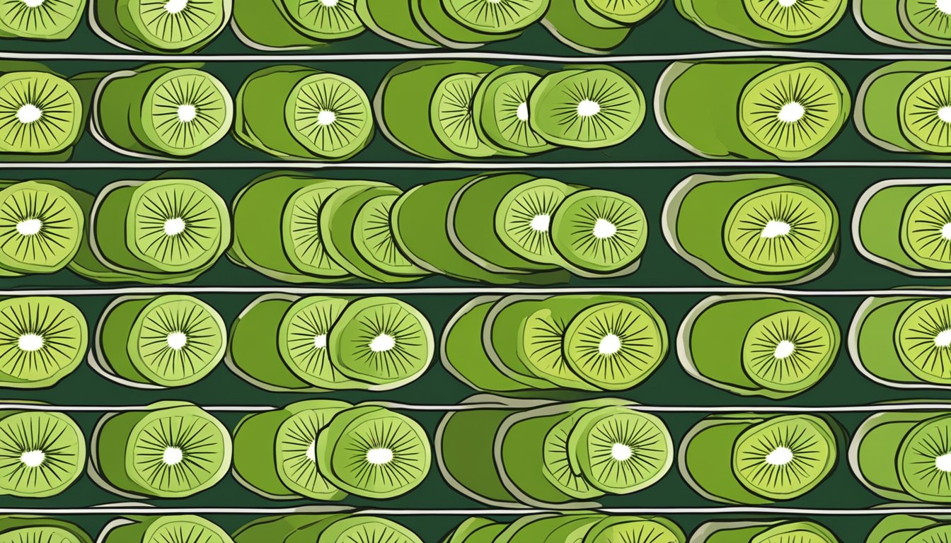 Slices of kiwi arranged on wire racks inside a hot oven, with warm air circulating around them as they dehydrate