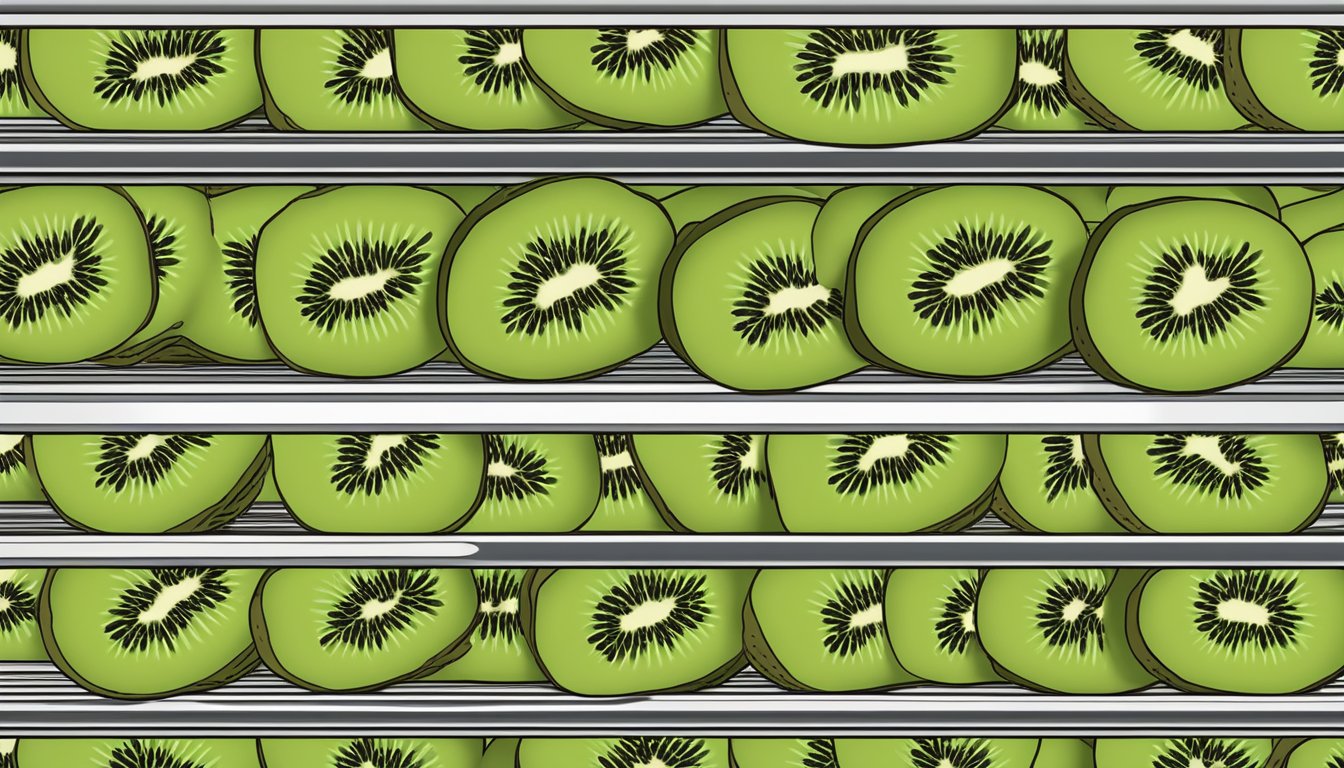 Slices of kiwi arranged on wire racks inside a preheated oven, with the oven door slightly ajar to allow for air circulation