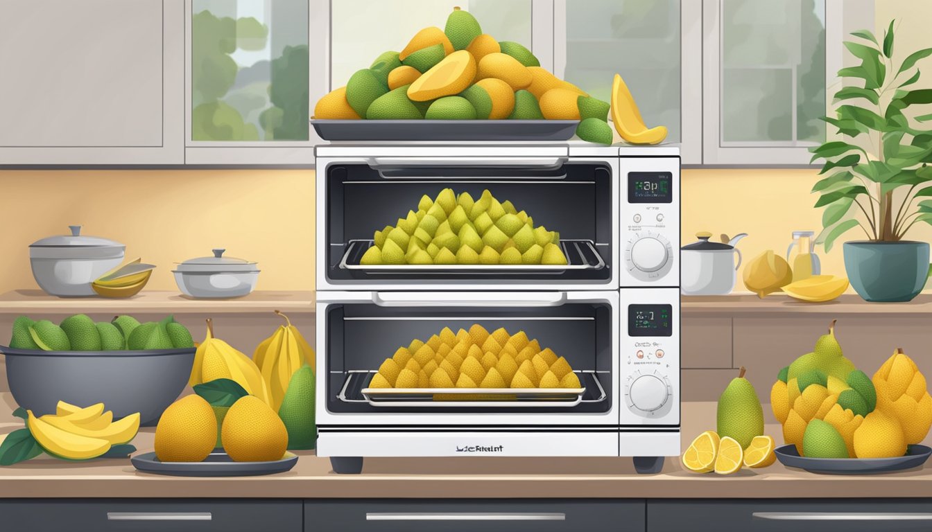 Fresh jackfruit next to various fruits. Oven with trays of sliced jackfruit. Temperature and timer settings displayed