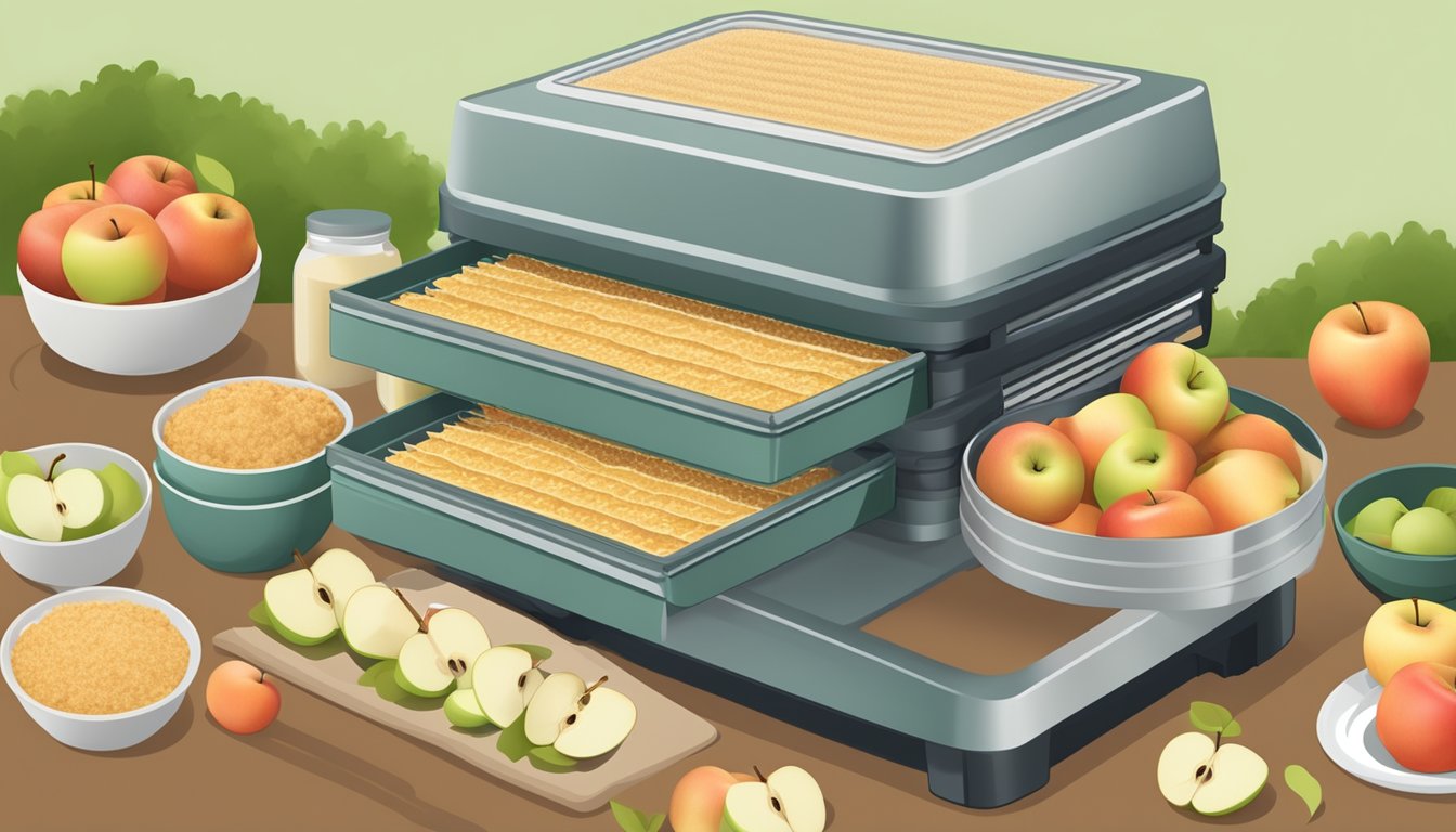 A dehydrator filled with trays of applesauce, surrounded by fresh apples and a nutrition label