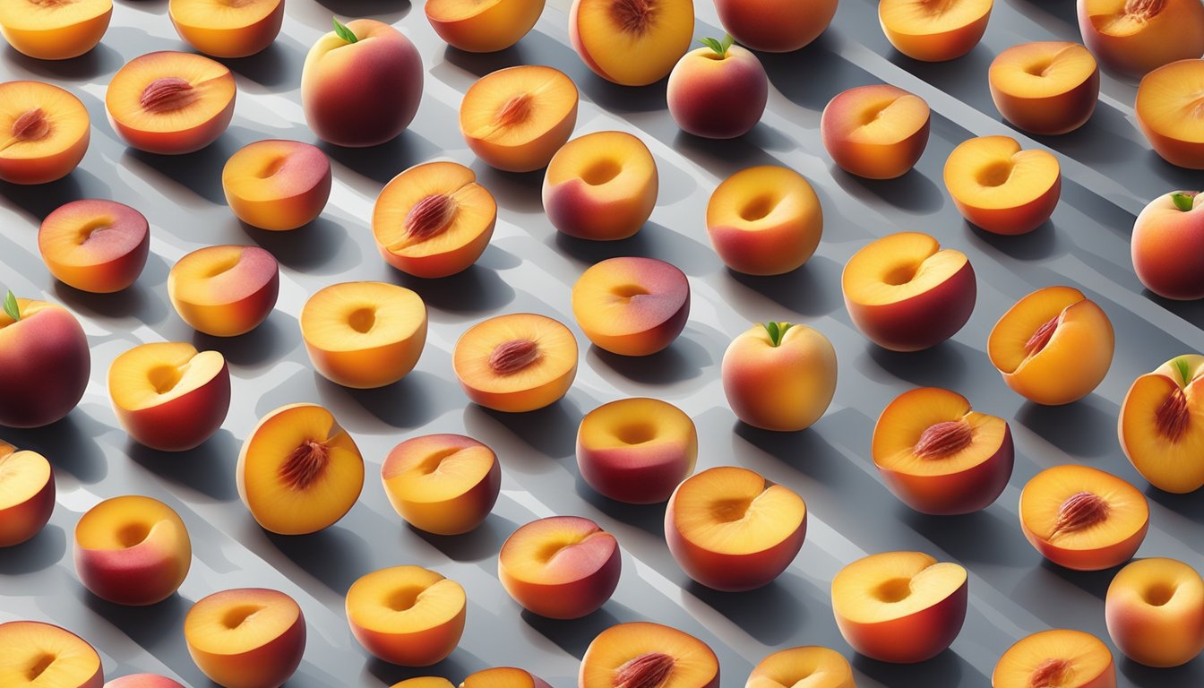 Nectarines sliced on a baking tray, arranged in a single layer, ready to be dehydrated in the oven