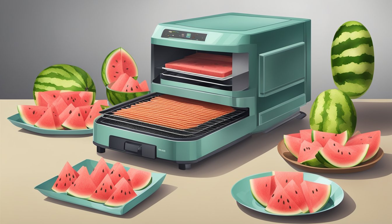 A food dehydrator filled with watermelon rind slices, arranged on trays, with the machine turned on and producing heat