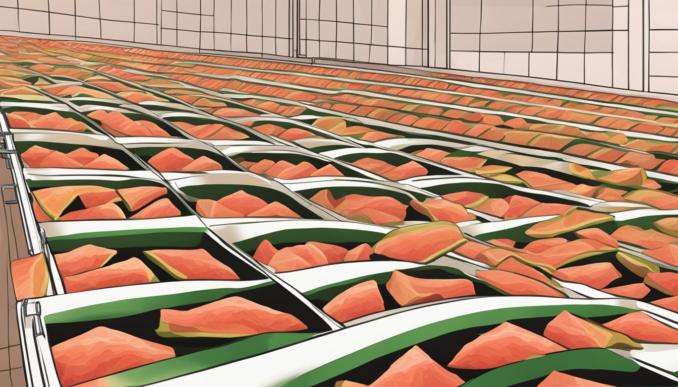 Watermelon rinds laid out on dehydrator trays under warm, circulating air