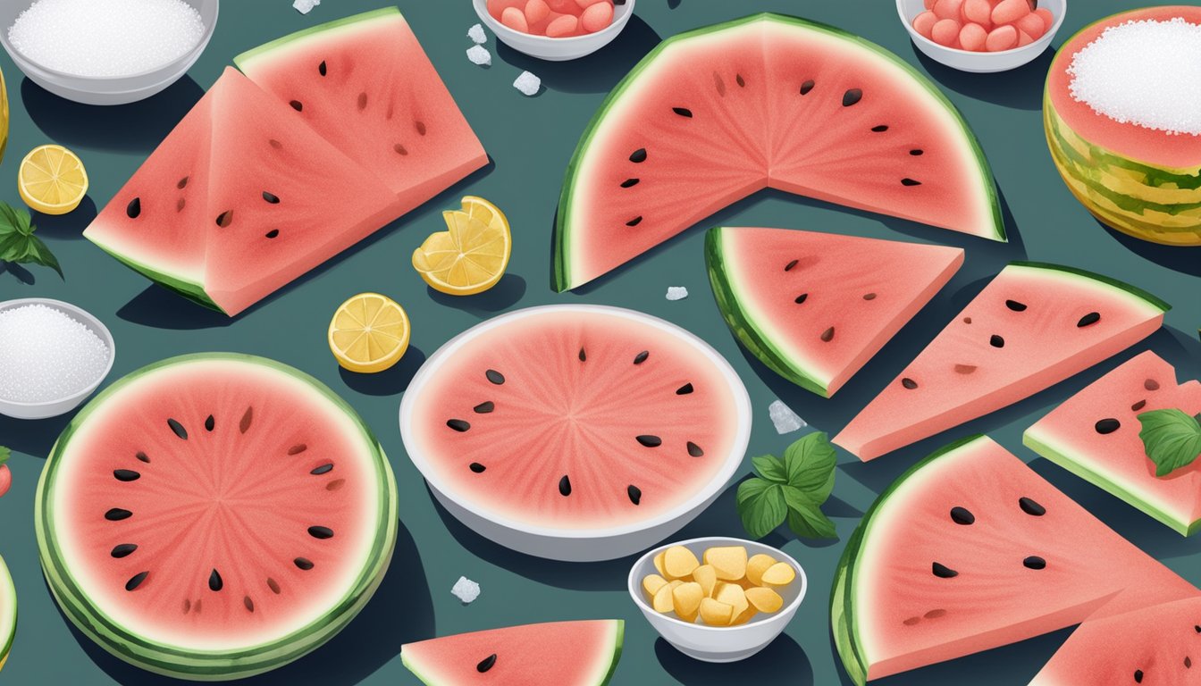 Watermelon rinds laid out on dehydrator trays, surrounded by bowls of salt and sugar