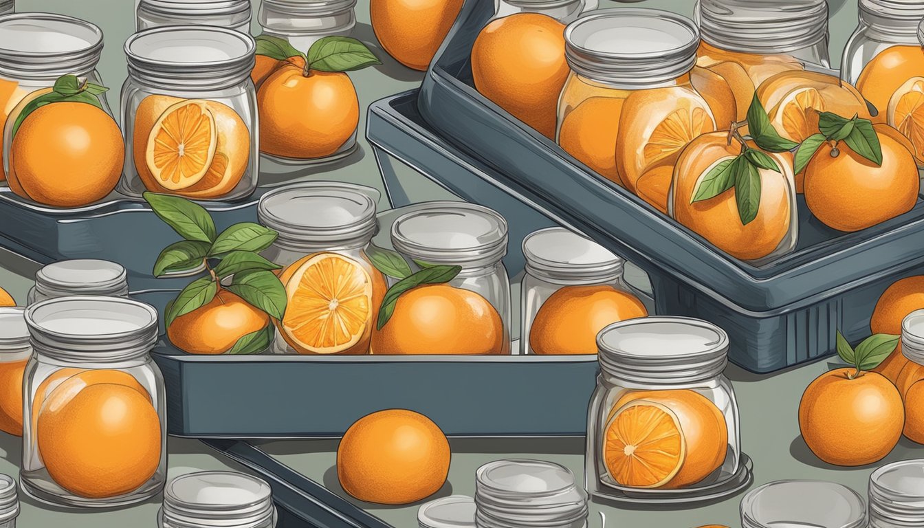 Fresh oranges placed on a dehydrator tray, surrounded by various storage containers and jars