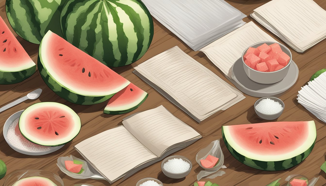 Watermelon rind slices laid out on dehydrator trays, with a bowl of salt and a recipe book open to "How to dehydrate watermelon rind."