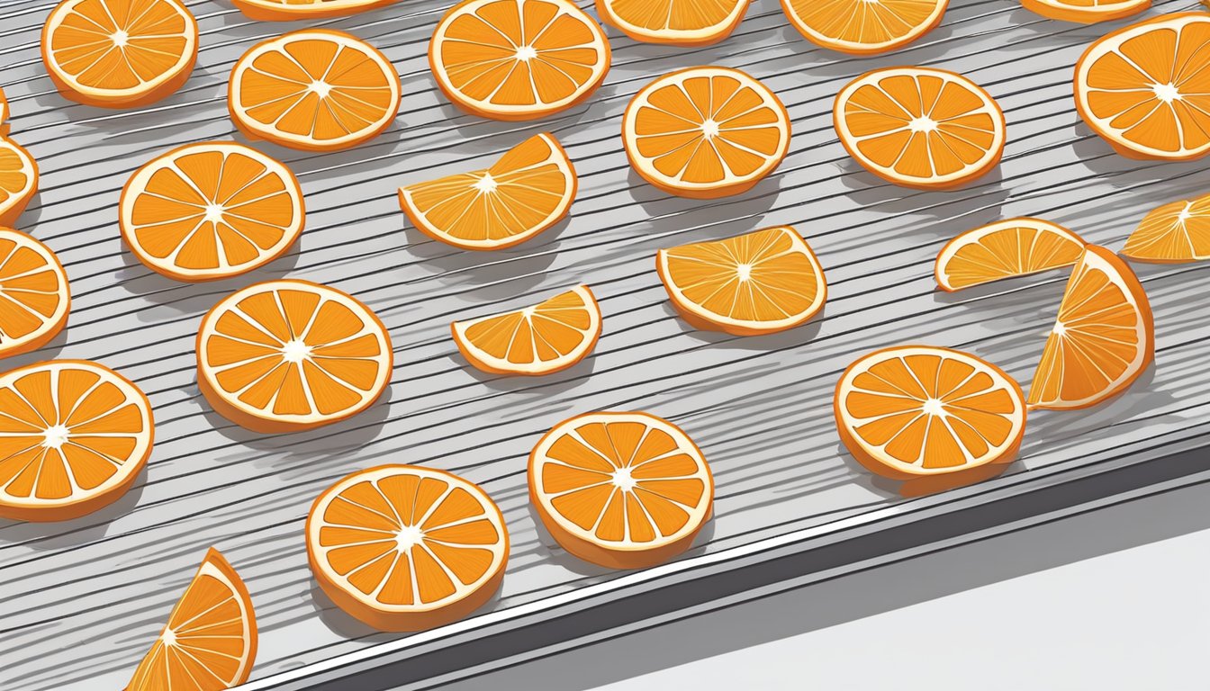 Oranges sliced into thin rounds laid out on a wire rack, placed in a dehydrator machine with a timer set