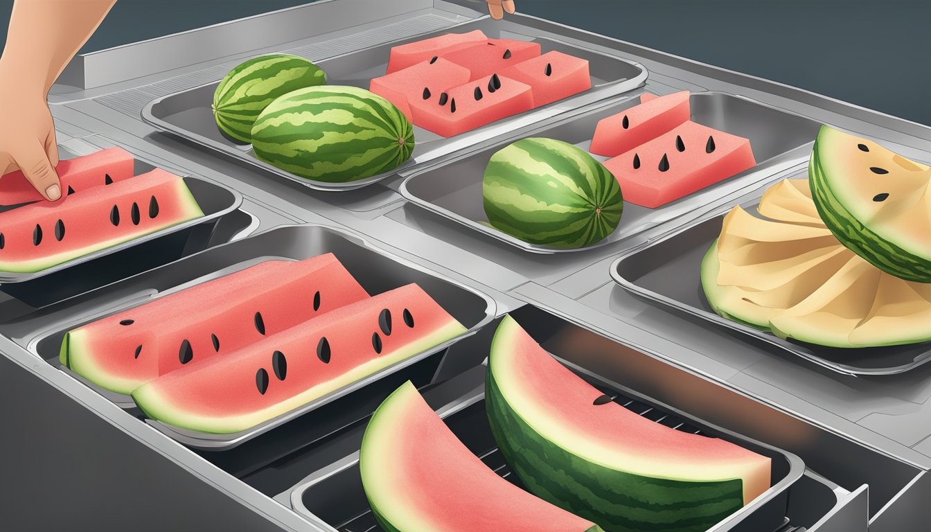 Watermelon rind being sliced and placed on dehydrator trays