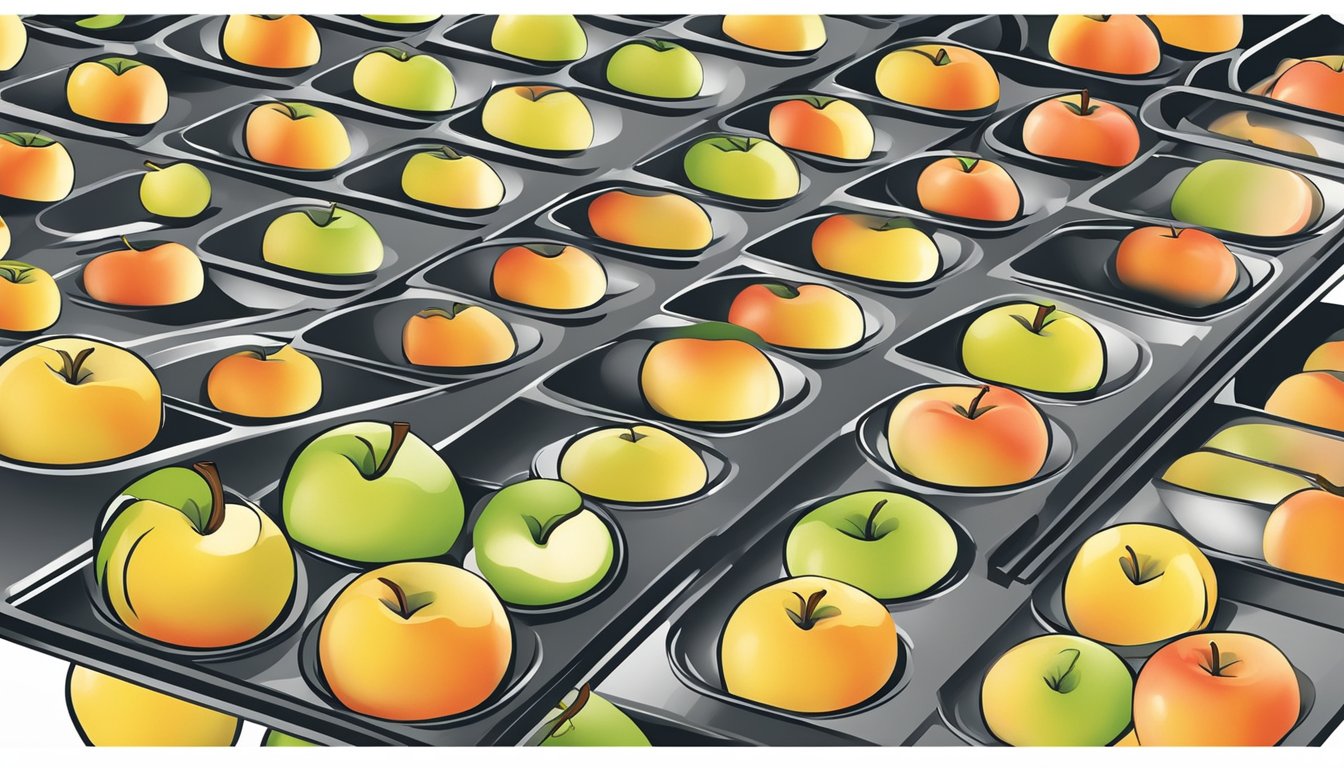 Fresh apples being sliced into thin rounds, arranged on dehydrator trays, and set to dry under warm, even heat