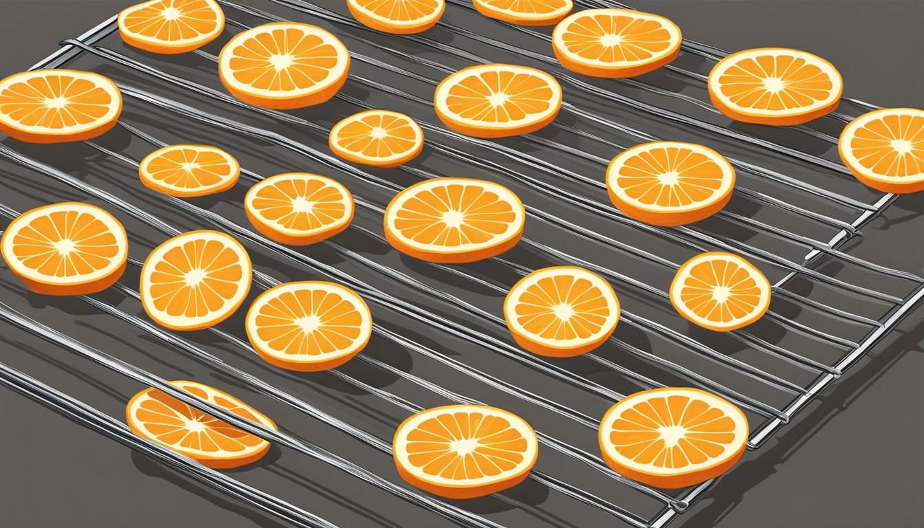 Fresh orange slices laid out on a wire rack, placed in a warm, well-ventilated area to quickly dehydrate