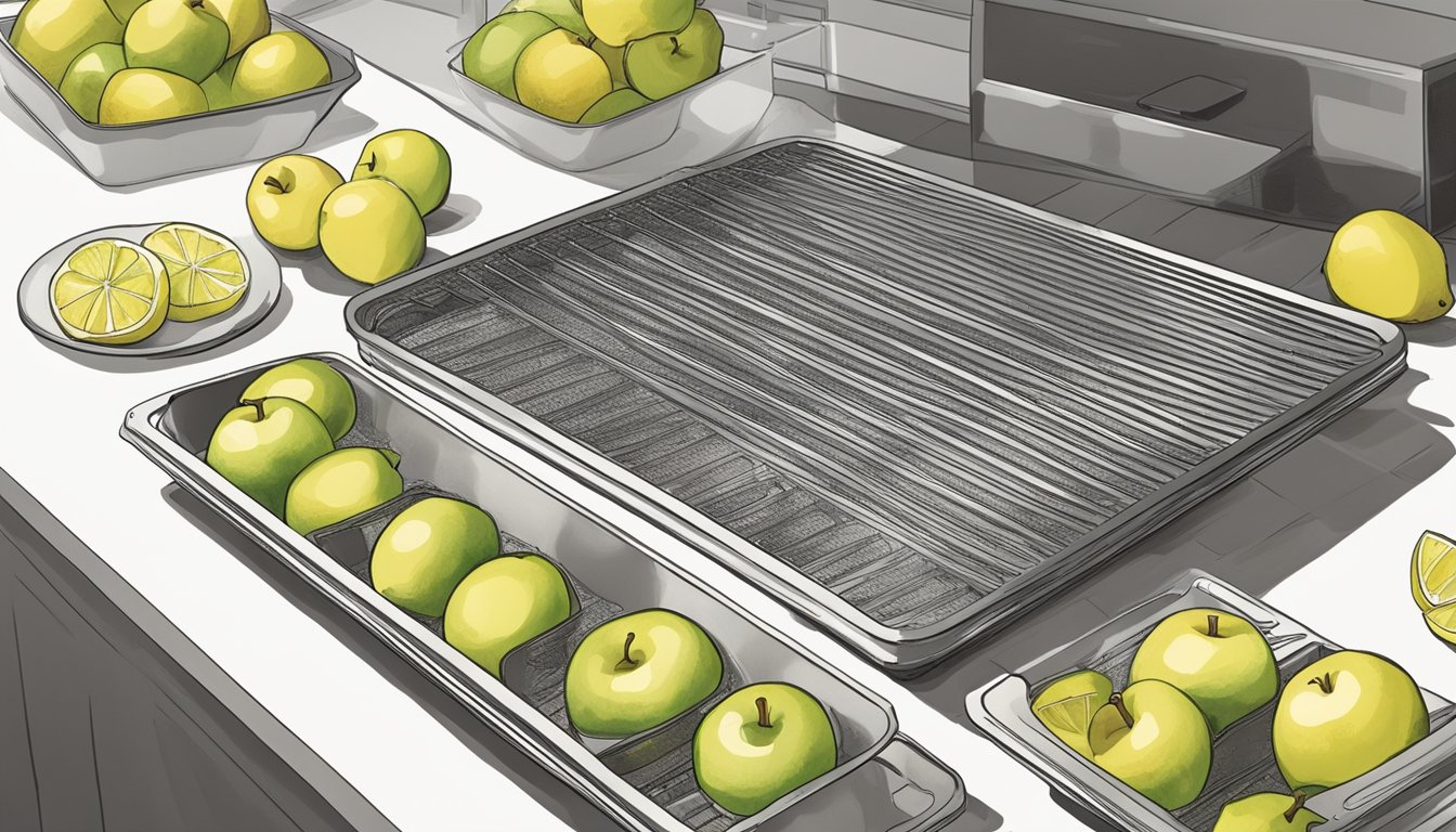 Sliced apples laid out on dehydrator trays, with a bowl of lemon water nearby for soaking