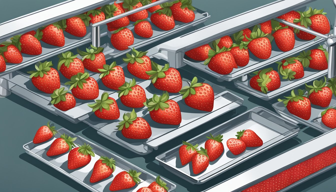 Fresh strawberries being sliced and arranged on dehydrator trays, with the machine set to the appropriate temperature and timer