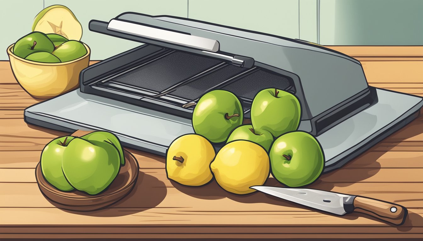 Fresh apples laid out on a cutting board next to a knife, with a dehydrator and a bowl of lemon water in the background