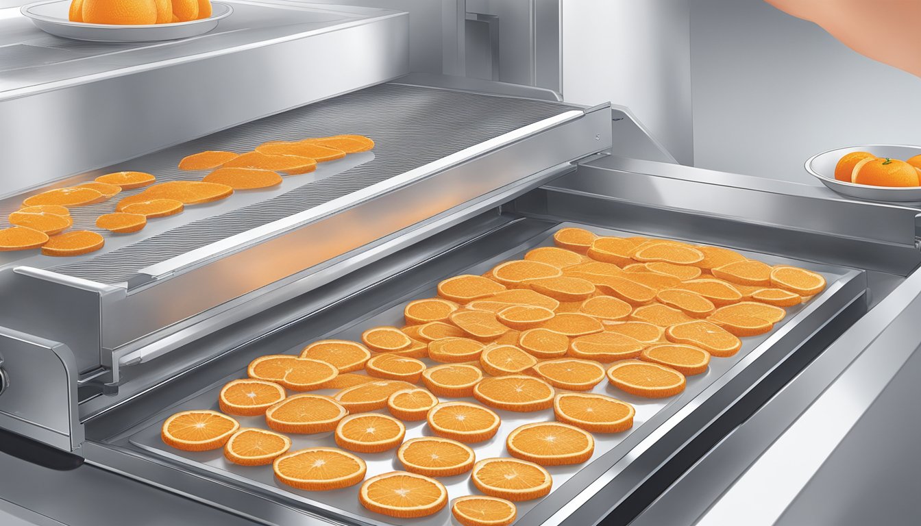 A bright orange being sliced into thin rounds, then placed on a dehydrator tray