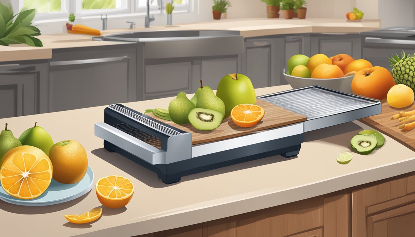 A countertop with a dehydrator, cutting board, knife, and various fruits ready for slicing