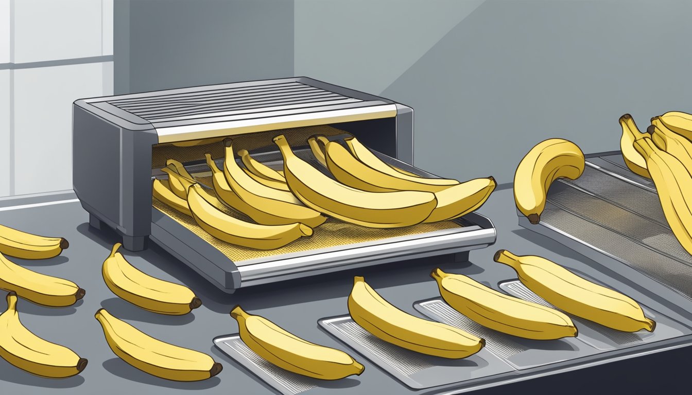 A ripe banana being sliced into thin rounds and arranged on a dehydrator tray, with the machine set to low heat