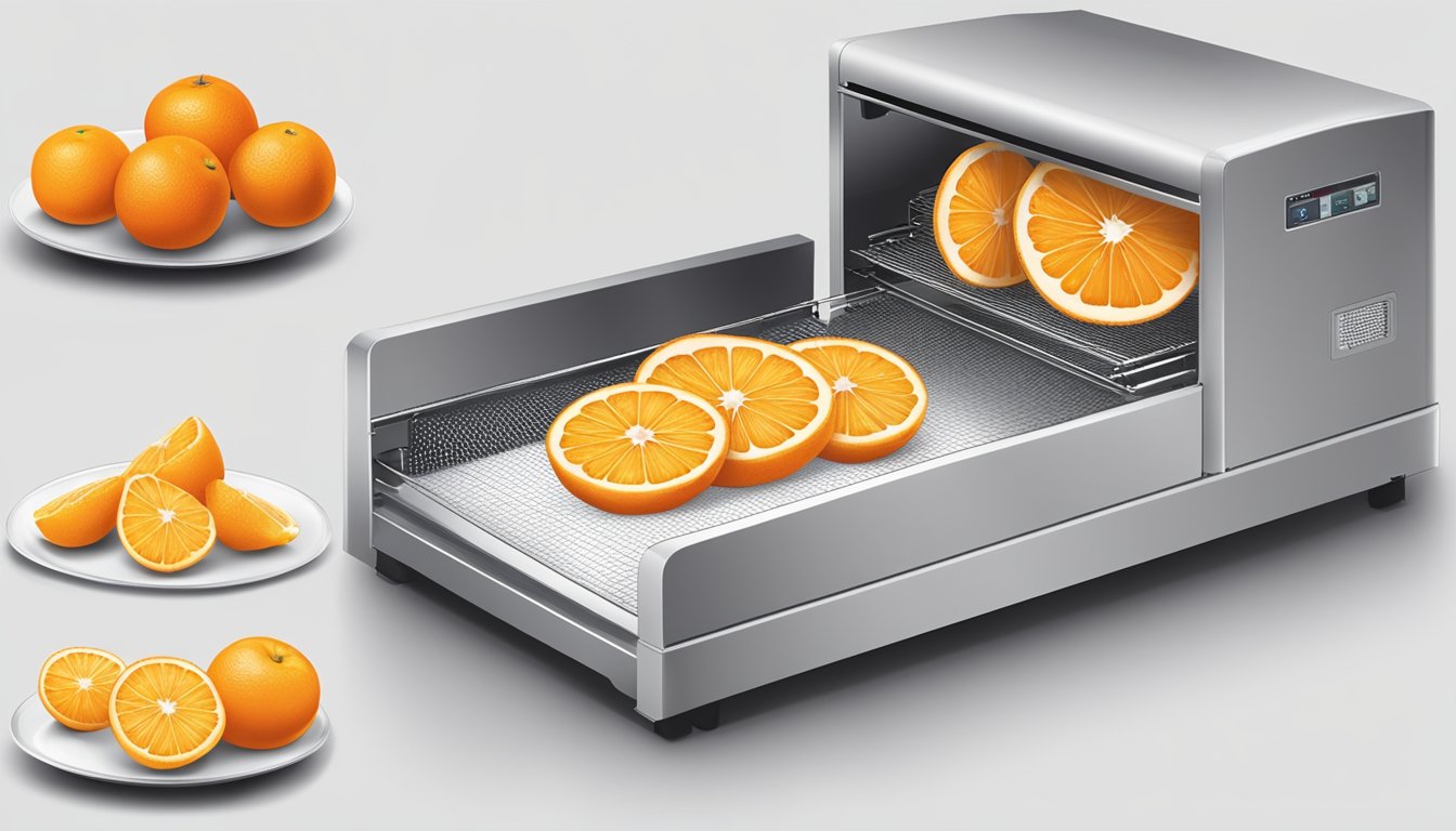 An orange being sliced into thin rounds, arranged on a dehydrator tray, and then placed into a dehydrator machine