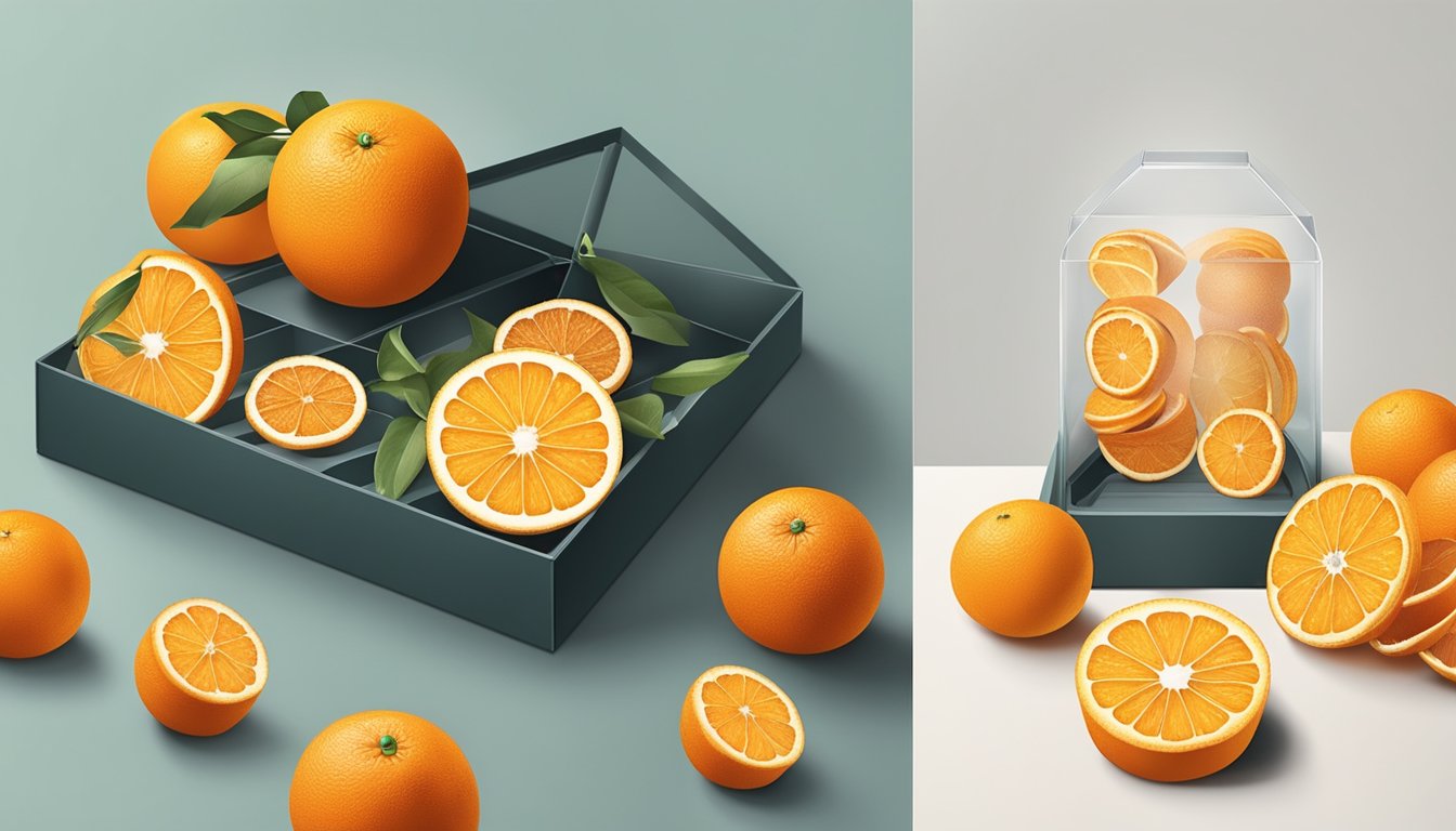 An orange being sliced into thin rounds, arranged on a dehydrator tray, and then placed inside a decorative gift box with ribbon