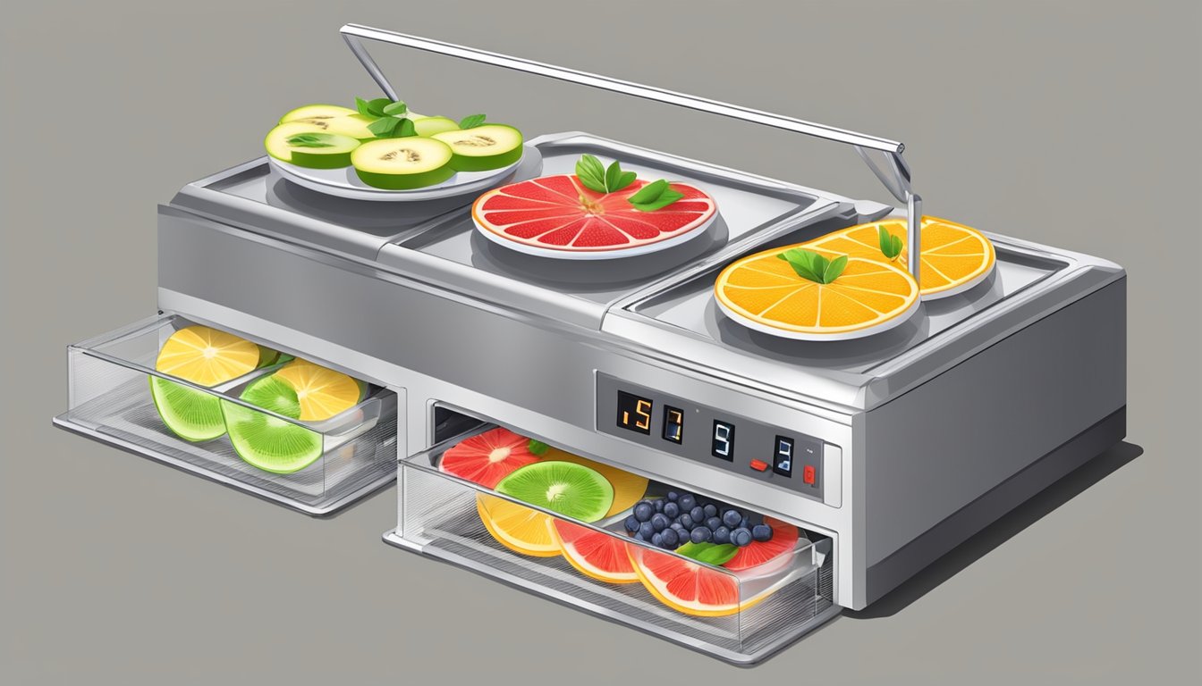 Fresh fruit slices arranged on dehydrator trays, with the machine set to the appropriate temperature and timer