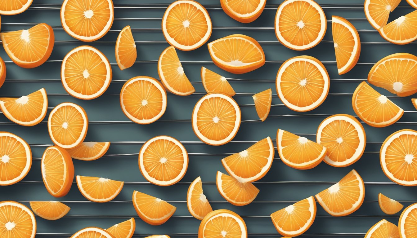 Fresh oranges sliced into thin rounds arranged on a wire rack inside a preheated oven, with warm air circulating to slowly dehydrate the fruit