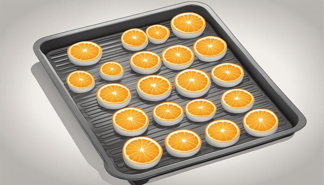 Fresh oranges sliced into rounds on a baking tray, placed in a preheated oven for dehydration