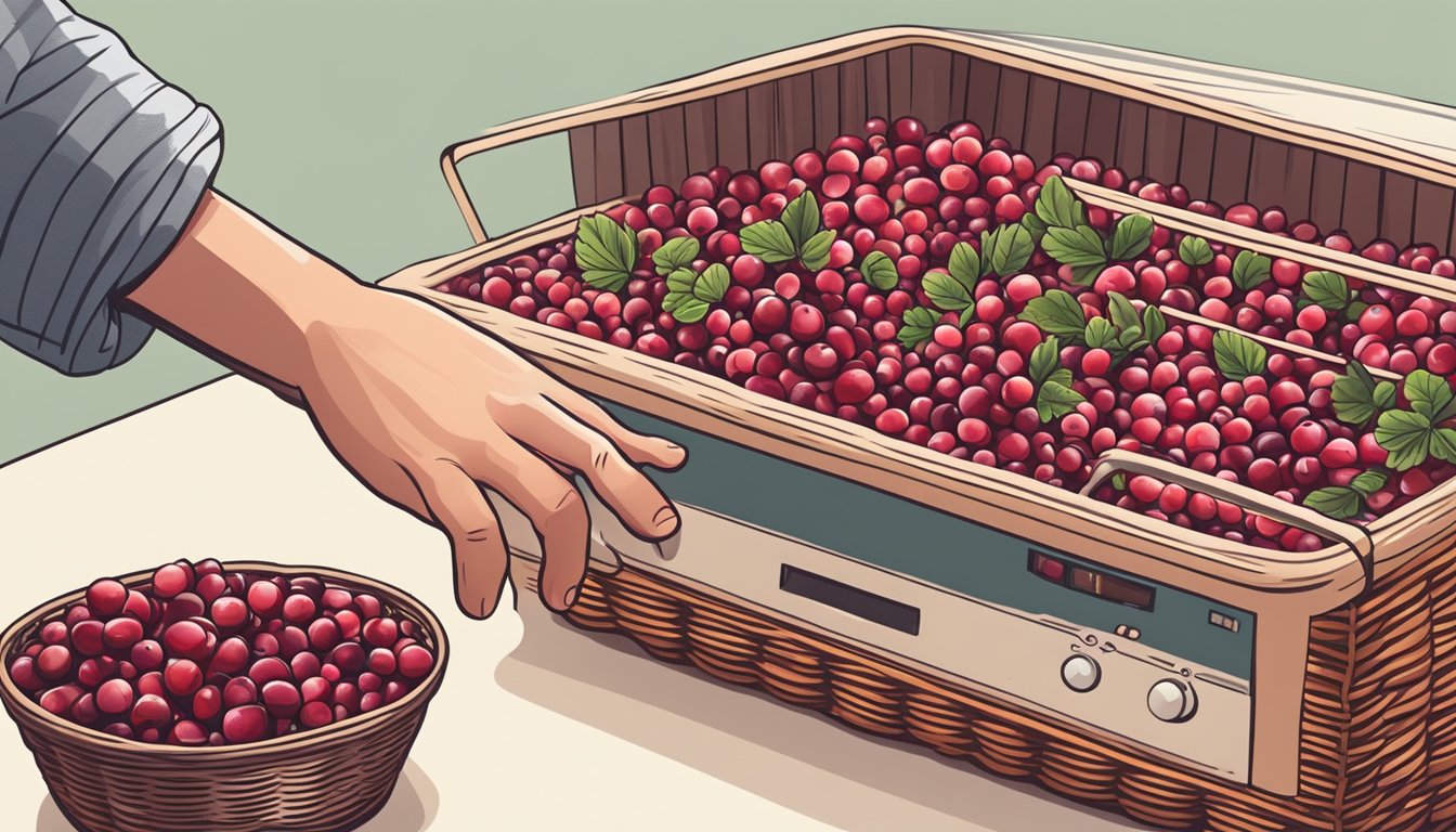 A hand reaching for fresh cranberries in a wicker basket, with a dehydrator in the background