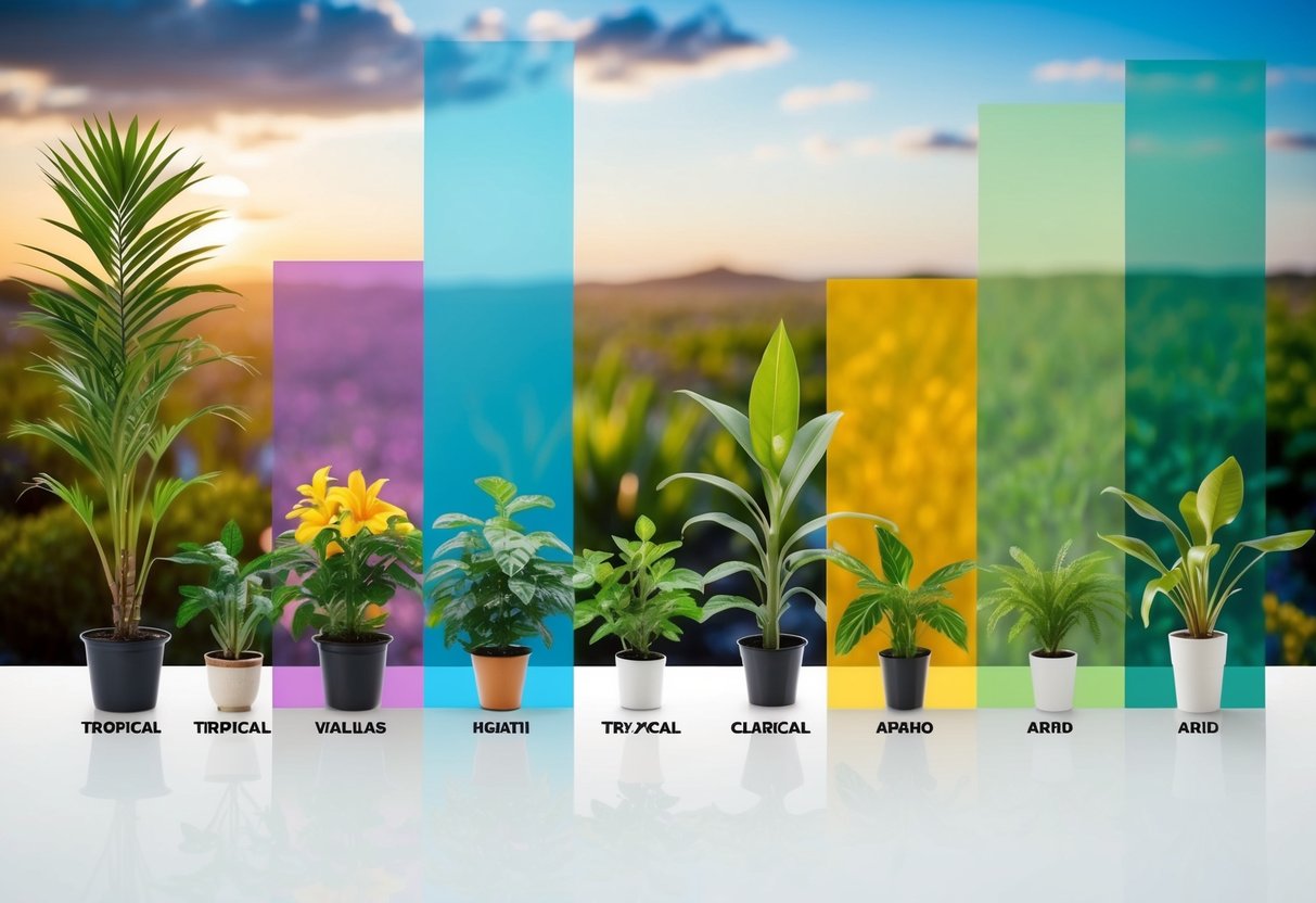 A variety of plants arranged in different climate zones, from tropical to arid, with corresponding labels for each zone