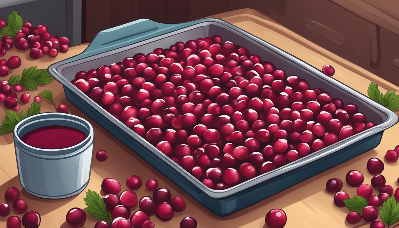 Fresh cranberries spread on a baking sheet, placed in the oven, and slowly drying out as the heat removes moisture