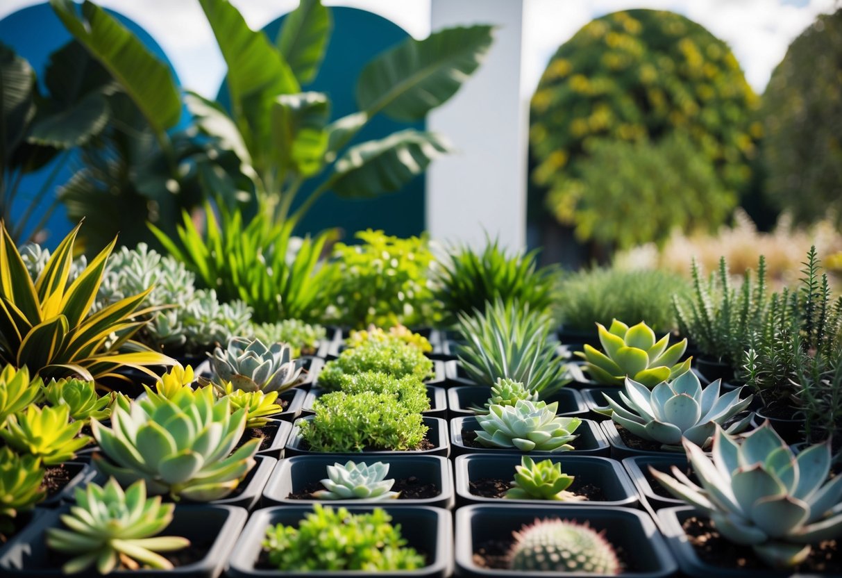A variety of plants arranged in rows, from lush tropicals to hardy succulents, set against a backdrop of different climate zones