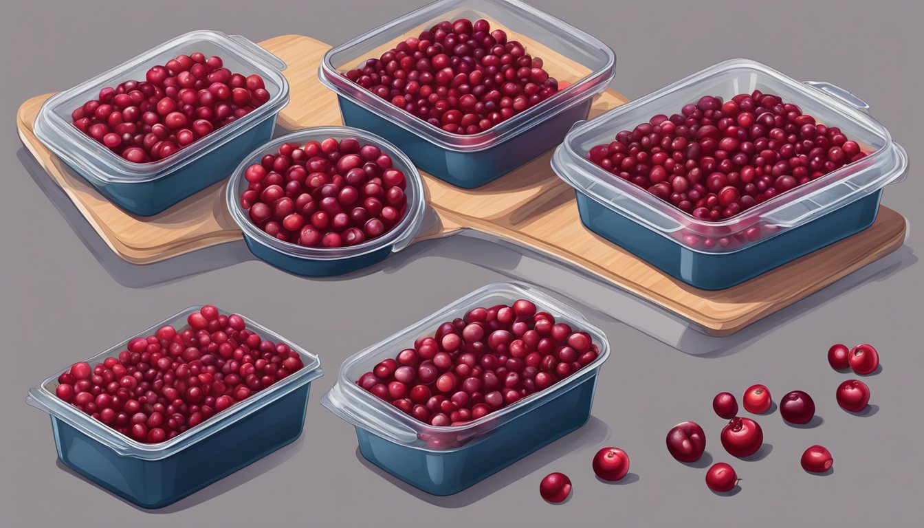 Fresh cranberries spread on a baking sheet, placed in the oven, and then stored in airtight containers