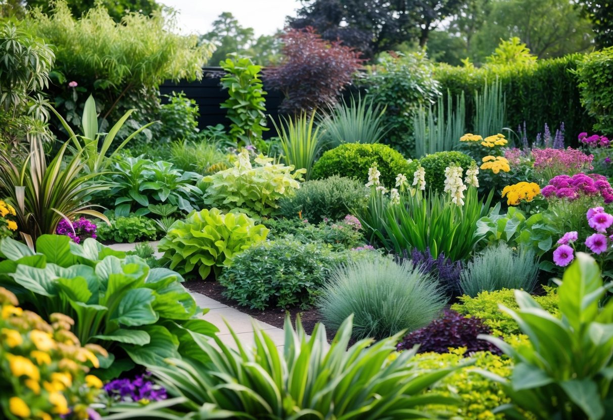 A lush garden with diverse plants and flowers, arranged in aesthetically pleasing and functional designs. The scene showcases a variety of vegetation suited for different climates