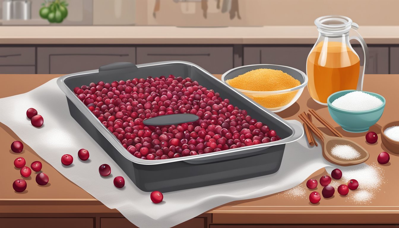 Fresh cranberries spread on a baking sheet, oven door open, with a bowl of sugar and spices nearby