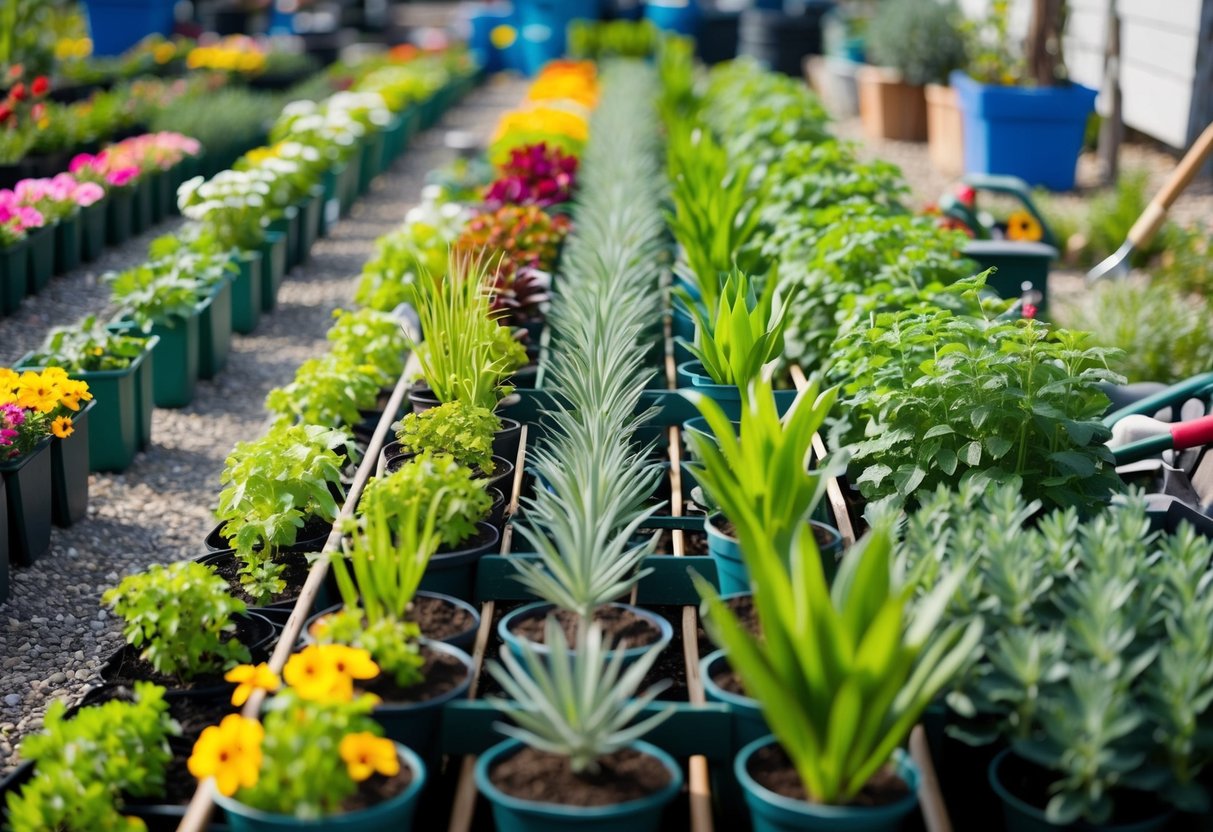 A variety of plants arranged in rows, with different types suited for various climates, surrounded by gardening tools and equipment