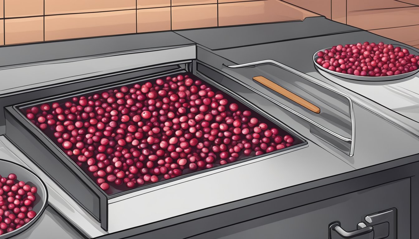 Fresh cranberries spread out on a baking sheet, placed in the oven at a low temperature. The oven door is closed, and the cranberries slowly dehydrate