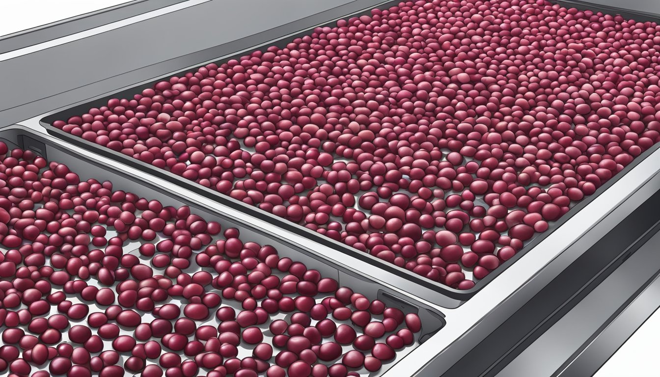 Fresh cranberries laid out on a dehydrator tray, with the machine set to a low temperature